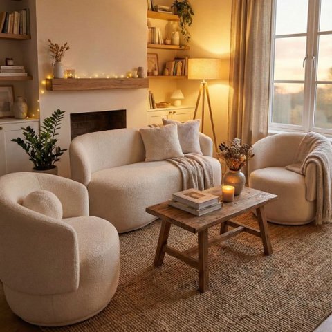 Kit 02 Poltronas + Namoradeira Decorativa Sala Estar Orgânica Beatriz Boucle Bege -Montanaris Decor