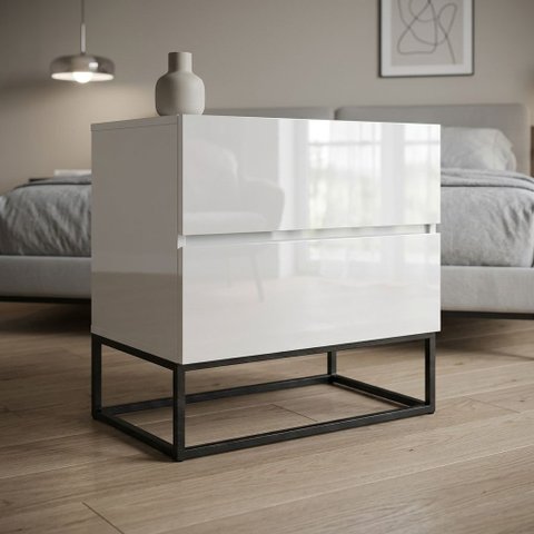 Kit 2 Mesas de Cabeceira Eros 45cm Branco MDF Moderna Estilo Industrial Pés de Ferro Preto