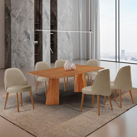 Conjunto de Mesa de Jantar Bia Tampo 180cm Barril Laminado e 6 Cadeiras Ester Marrom/Ambar/Cinamomo