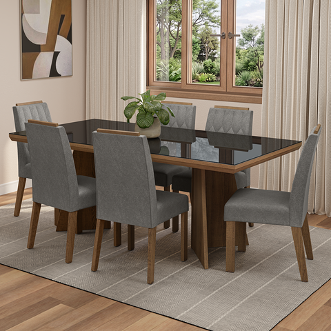 Conjunto Sala de Jantar Tampo de Vidro 6 Cadeiras Rustic/Preto/Silver Pienza Madesa