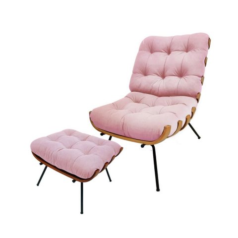 Kit Poltrona e Puff Costela Veludo Rosa