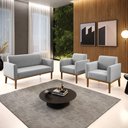 Ver imagem 2 de Sofá Namoradeira com 2 Poltronas Base de Madeira Fixa Castanho Marisa Suede D03 - D'Rossi Cinza