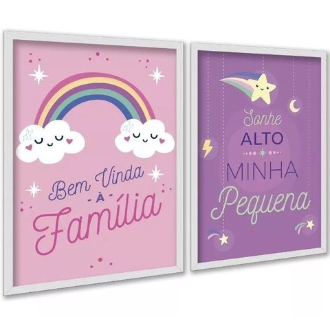 Kit 2 Quadros Bebê Menina - Lilás e Rosa 24x18cm - com Vidro:moldura Branca