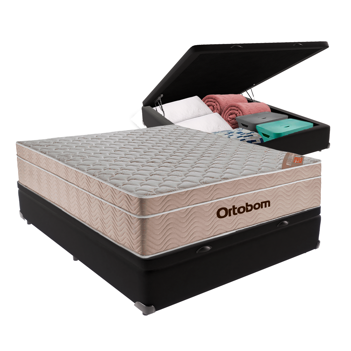 Cama Box Casal Ortobom com Baú Airtech Spring Pocket - Preto 138x188 - 1