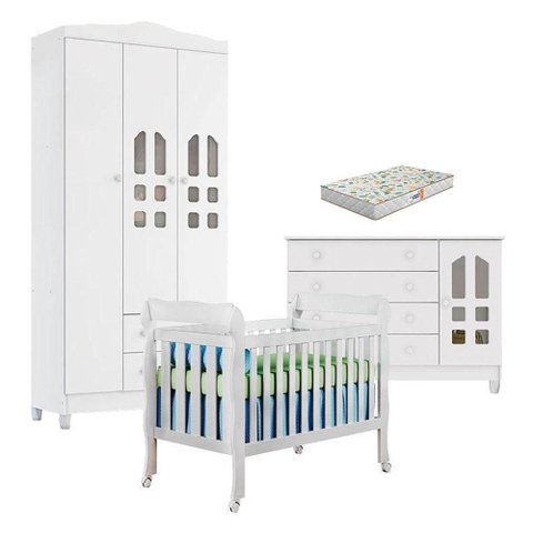Quarto de Bebê New Selena 3 Portas Berço Lila e Cômoda Gran Selena Branco Brilho e Colchão Gazin