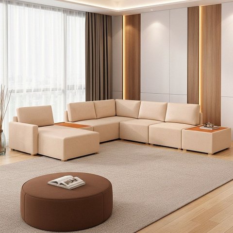 Sofá de Canto Modulado 347cm - 368cm 8 Lugares France Linho Bege - Sallar Home