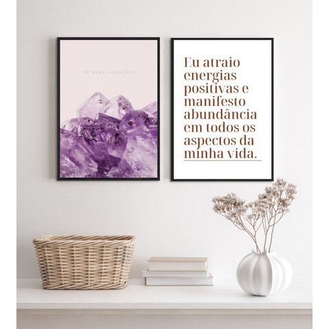 Kit 2 Quadros Energias Positivas- Cristais Abundância 24x18cm:madeira Preta