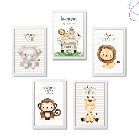 Kit 5 Quadros Decorativos Safari Baby Aquarela Bege Moldura:branca