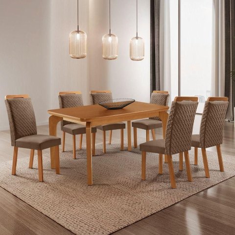 Mesa de Jantar Liz 6 Lugares Retangular MDF 180cm Creme com 6 Cadeiras Aline Moderna