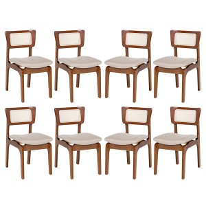 Kit 8 Cadeiras de Jantar Portugal em Madeira Imbuia Encosto Tela Rattan Linho Bege M58