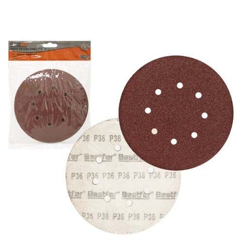 Disco de Lixa Base Auto-adesiva 180mm 8 Furos Grao 36 - Pacote com 10 - Bestfer