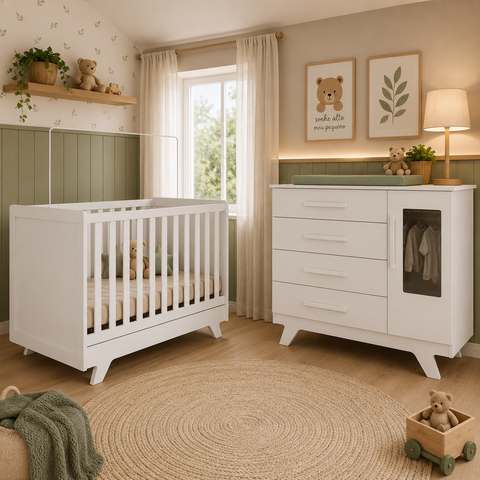 Kit Berço e Cômoda Retrô Peroba Branco Quarto Infantil