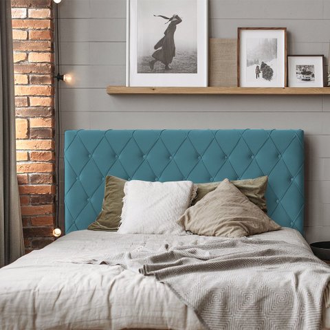 Cabeceira Estofada Capitonê Chicago 195cm Veludo Azul - Luxo Estofados