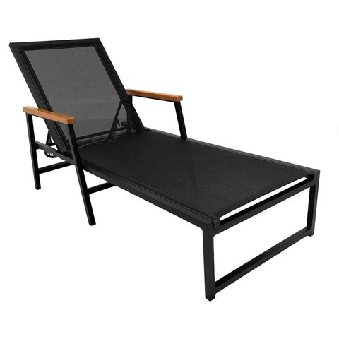 Espreguiçadeira Moderna Braços de Madeira Assento Encosto Tela Sling e Aluminio Preto