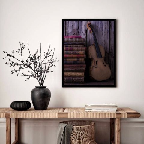 Quadro Decorativo Violino Livros Antigos - 70x50cm:moldura Preta