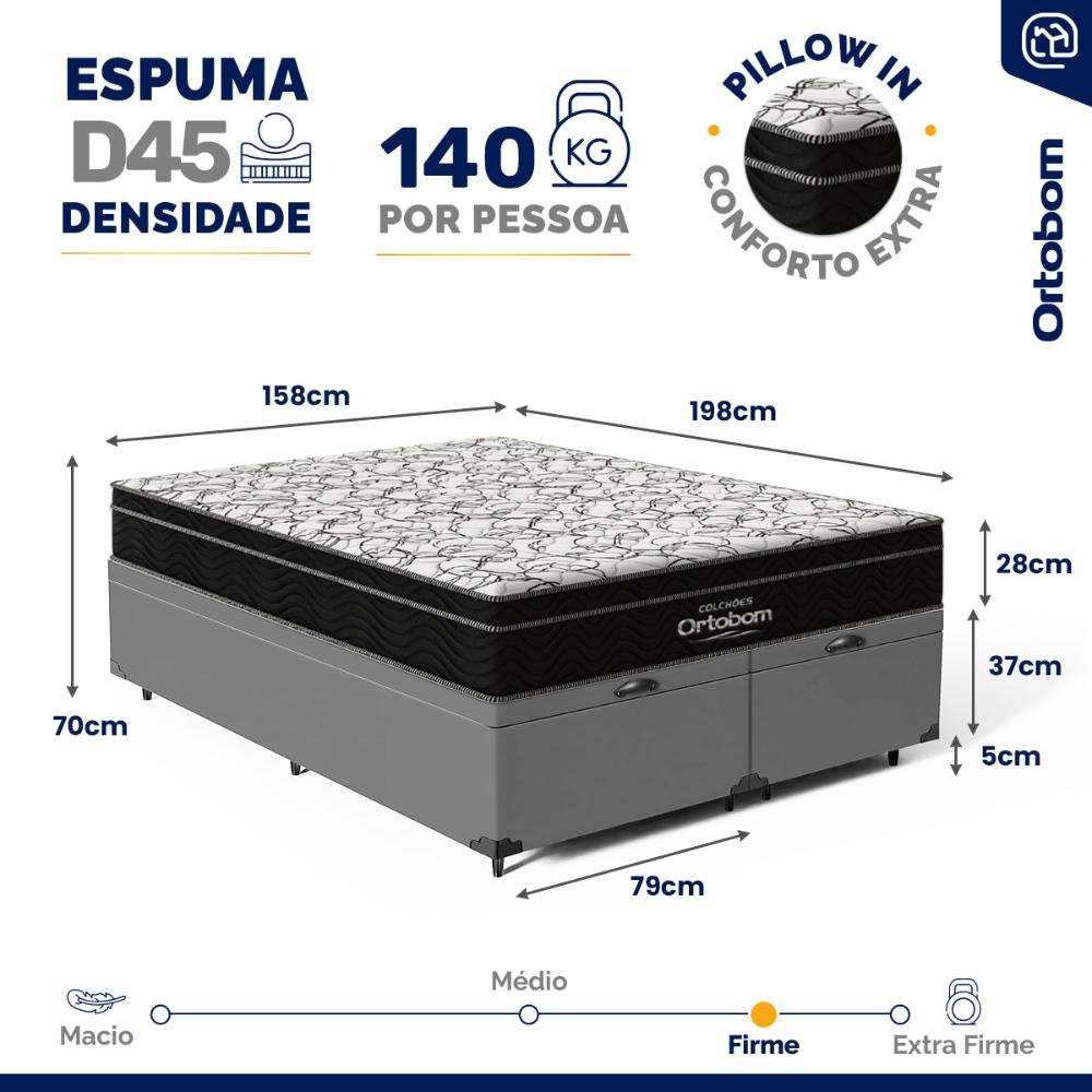 Cama Box Baú com Colchão de Espuma D45 Ortobom Airtech Ortopillow 150 D45 Queen 158cm - 3