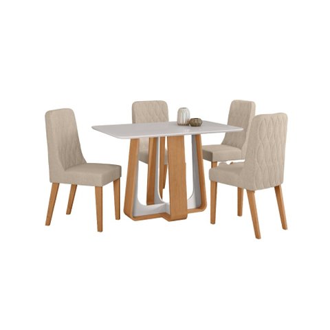 Conjunto Sala de Jantar Mesa Sintonia 120 Tampo Vidro Off White com 4 Cadeiras Luar - Lopas Amendoa 