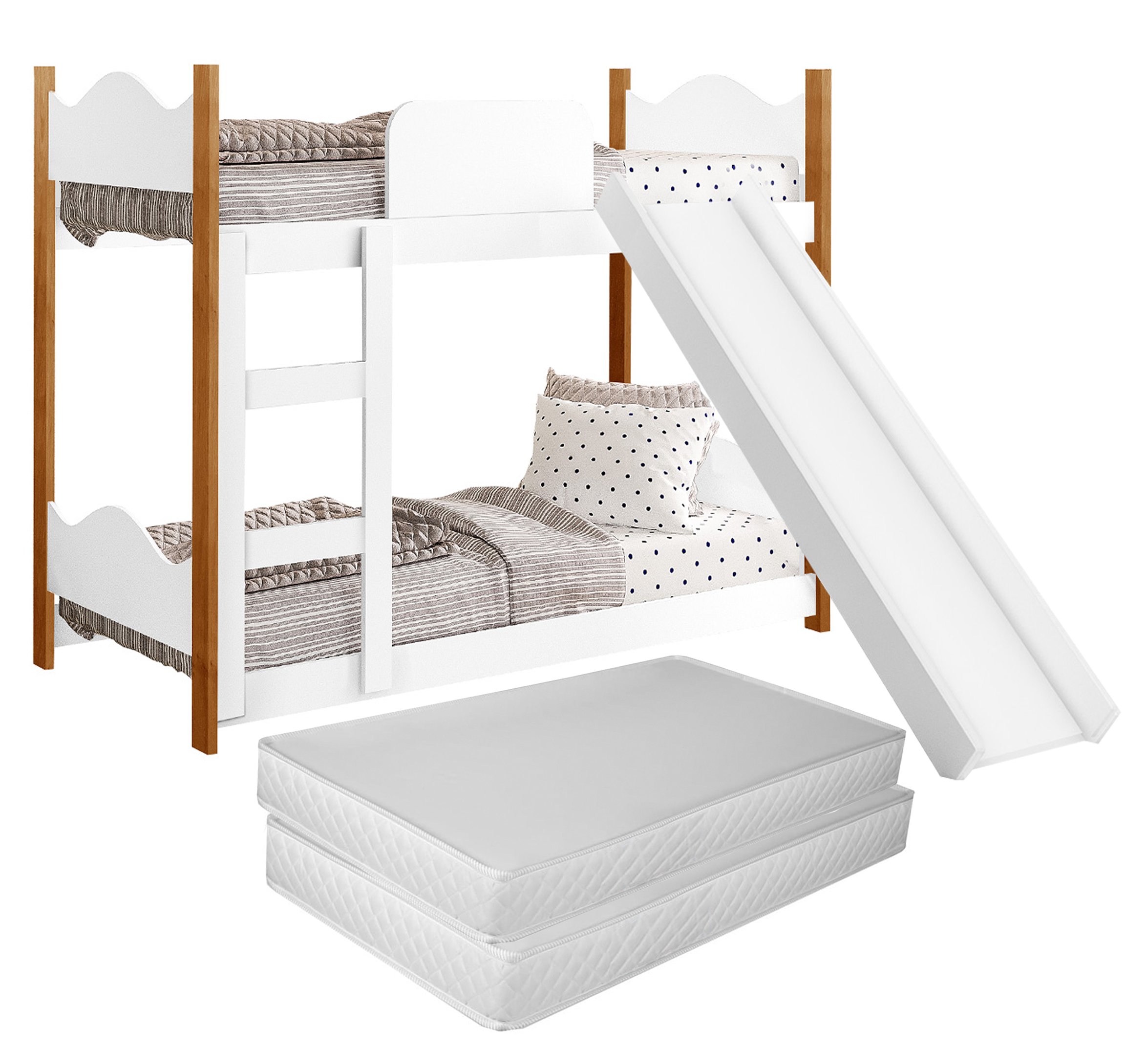 Cama Infantil Beliche Montessori Encanto com 2 Colchões Escorregador Grade Proteção Cor Branco