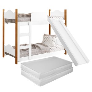 Cama Infantil Beliche Montessori Encanto com 2 Colchões Escorregador Grade Proteção Cor Branco