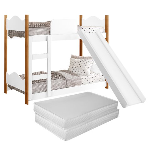 Cama Infantil Beliche Montessori Encanto com 2 Colchões Escorregador Grade Proteção Cor Branco