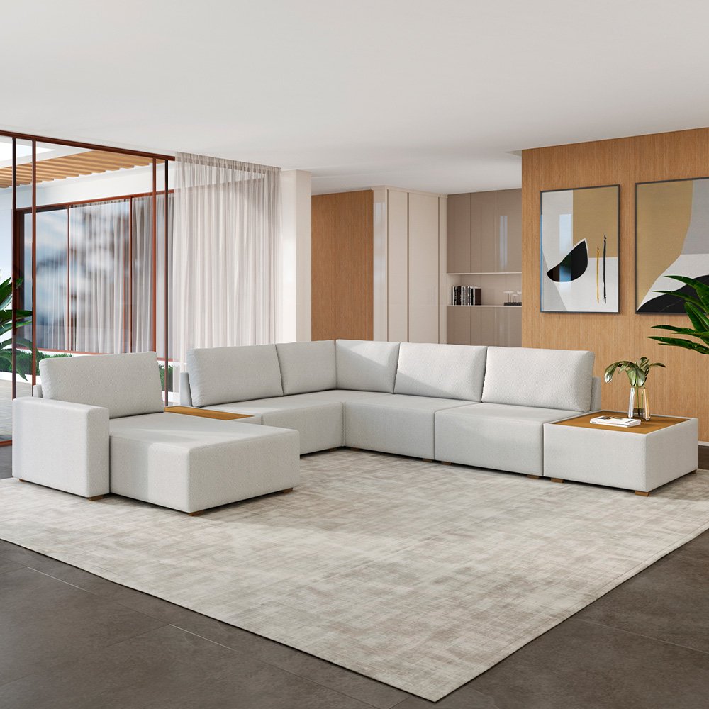 Sofá de Canto com Chaise e Mesa Lateral Sala de Estar Living 291cm Gales M03 Bouclê Cru - Lyam Decor - 2