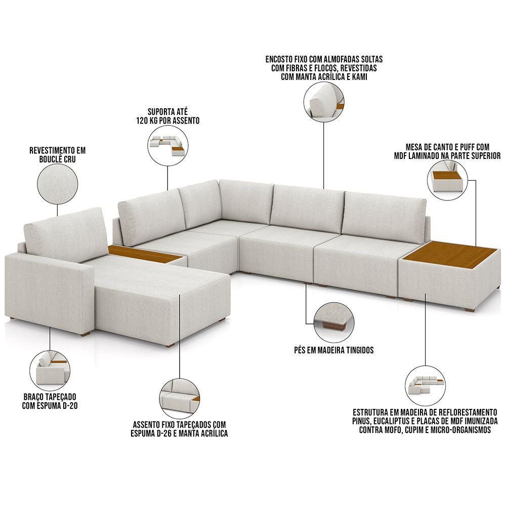 Sofá de Canto com Chaise e Mesa Lateral Sala de Estar Living 291cm Gales M03 Bouclê Cru - Lyam Decor - 4