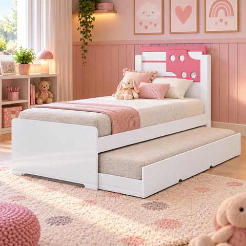 Bicama Infantil Solteiro Luiza com Cama Auxiliar:Branco/Rosa