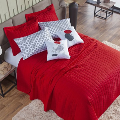 Kit Colcha Casal Padrão 7 Peças 300 Fios Completo Cobre Leito Porta Travesseiro Fronha Vermelho Lady