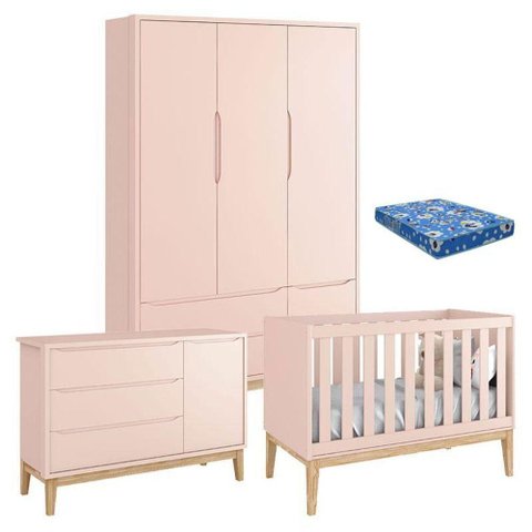 Quarto de Bebê Classic 3 Portas com Colchão Rosa Pés Madeira Natural - Reller