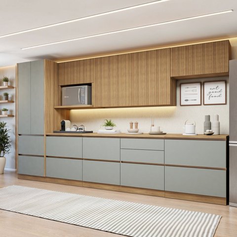 Cozinha Completa Modulada 7 Peças 10 Portas 7 Gavetas com Rodapé Norten Verde/Nature