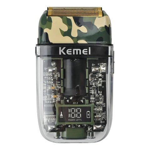 Barbeador Máquina Shaver Profissional Recarregável Camuflada Transparente Kemei TX7