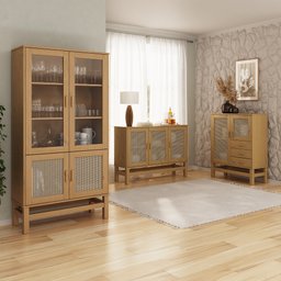 Balcão Buffet em Madeira e Rattan Natural 03 Portas - 6