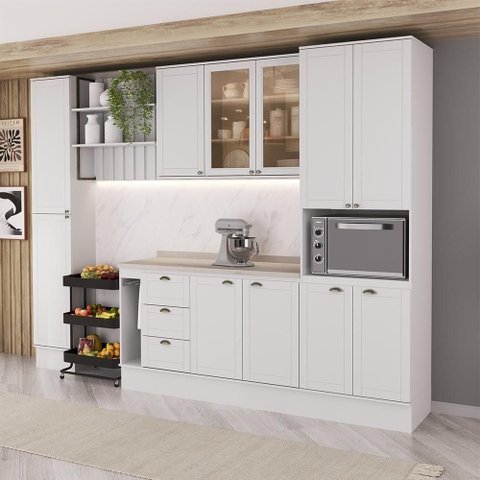 Cozinha Completa Milla Ella Uno 11 Portas 3 Gavetas MDF 310cm Branco Móveis Carraro