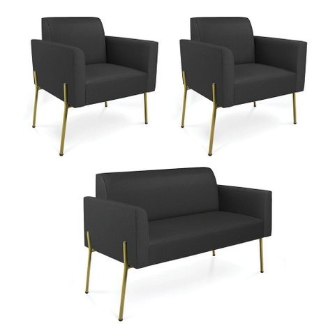 Sofá Namoradeira e 2 Poltronas Pé de Ferro Dourado Marisa Corino Preto D03