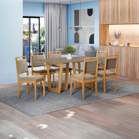 Conjunto Sala de Jantar Lina em Madeira Maciça 6 Cadeiras Linho Fendi
