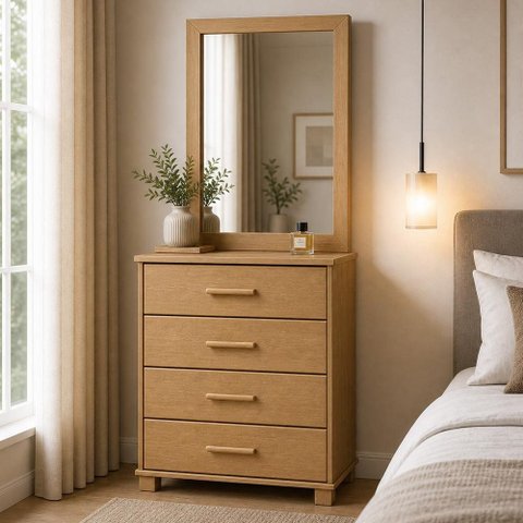 Cômoda para Quarto 4 Gavetas com Espelho Decorativo Madeira Maciça Zahav F06 Freijó - Lyam Decor