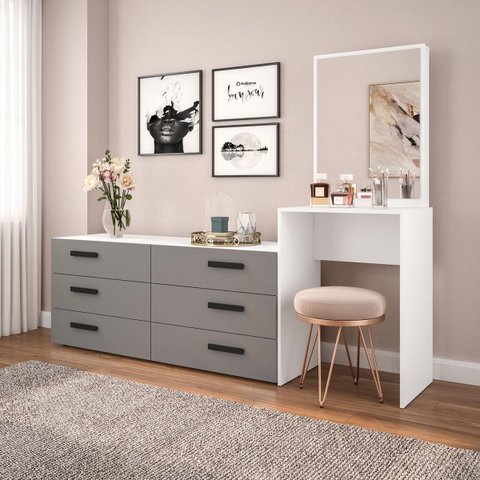 Cômoda Penteadeira Lisboa 6 Gavetas com Espelho 209x160cm Cinza/Branco 250799