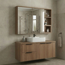 Ver imagem 1 de Conjunto Gabinete para Banheiro Suspenso com Cuba e Espelheira com Nichos 100cm em MDF Village Noce