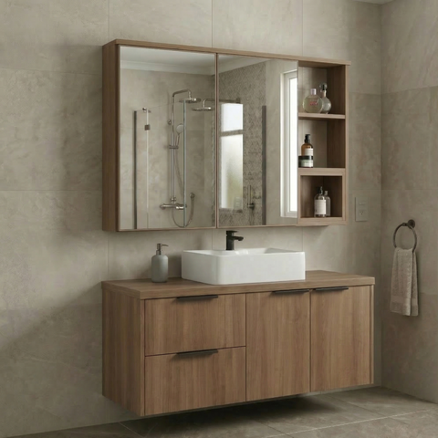 Conjunto Gabinete para Banheiro Suspenso com Cuba e Espelheira com Nichos 100cm em MDF Village Noce