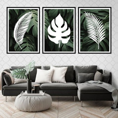 Kit 3 Quadros Folhas Tropicais Branco 24x18cm - com vidro:Madeira preta