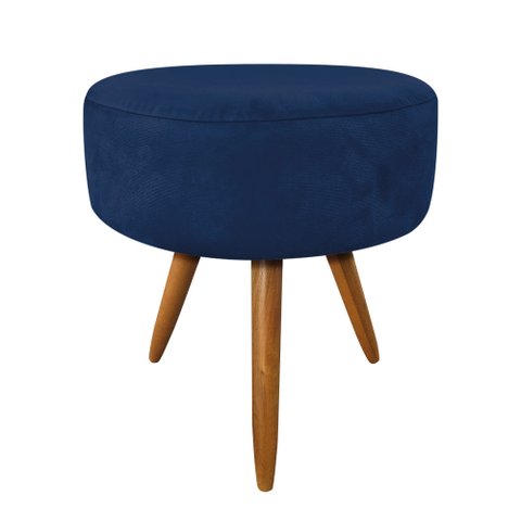 Puff Banqueta Redonda Nina Suede Azul Marinho Pés Palito Castanho - Pallazio