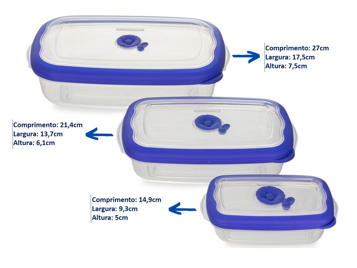 Kit 3 Potes Plásticos Herméticos BPA Free Sanremo Flor 1x430ml 1x1,26l 1x2,4l Retangular Azul - 4
