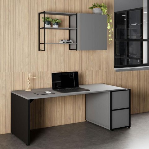 Escrivaninha 1,7m C/ Balcão Lateral Nicho e Armário Aéreo F5 Cor:cinza Sagrado com Preto