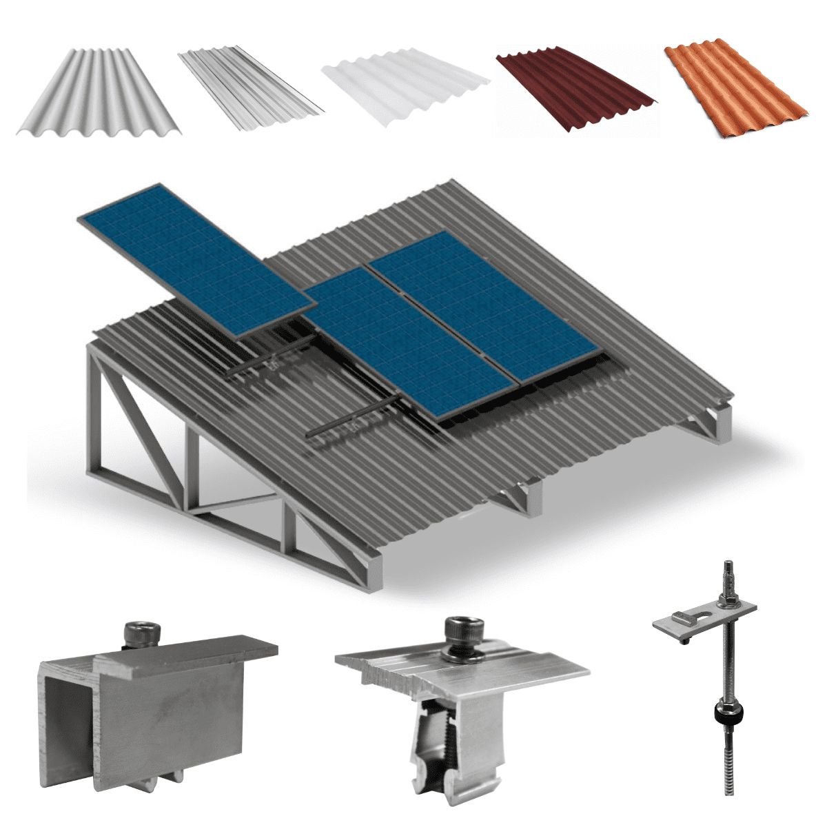 Kit Estrutura Suporte Fixador para 03 Placas Solar Alumínio e Inox Telha Fibro Ondulada em Viga Metá