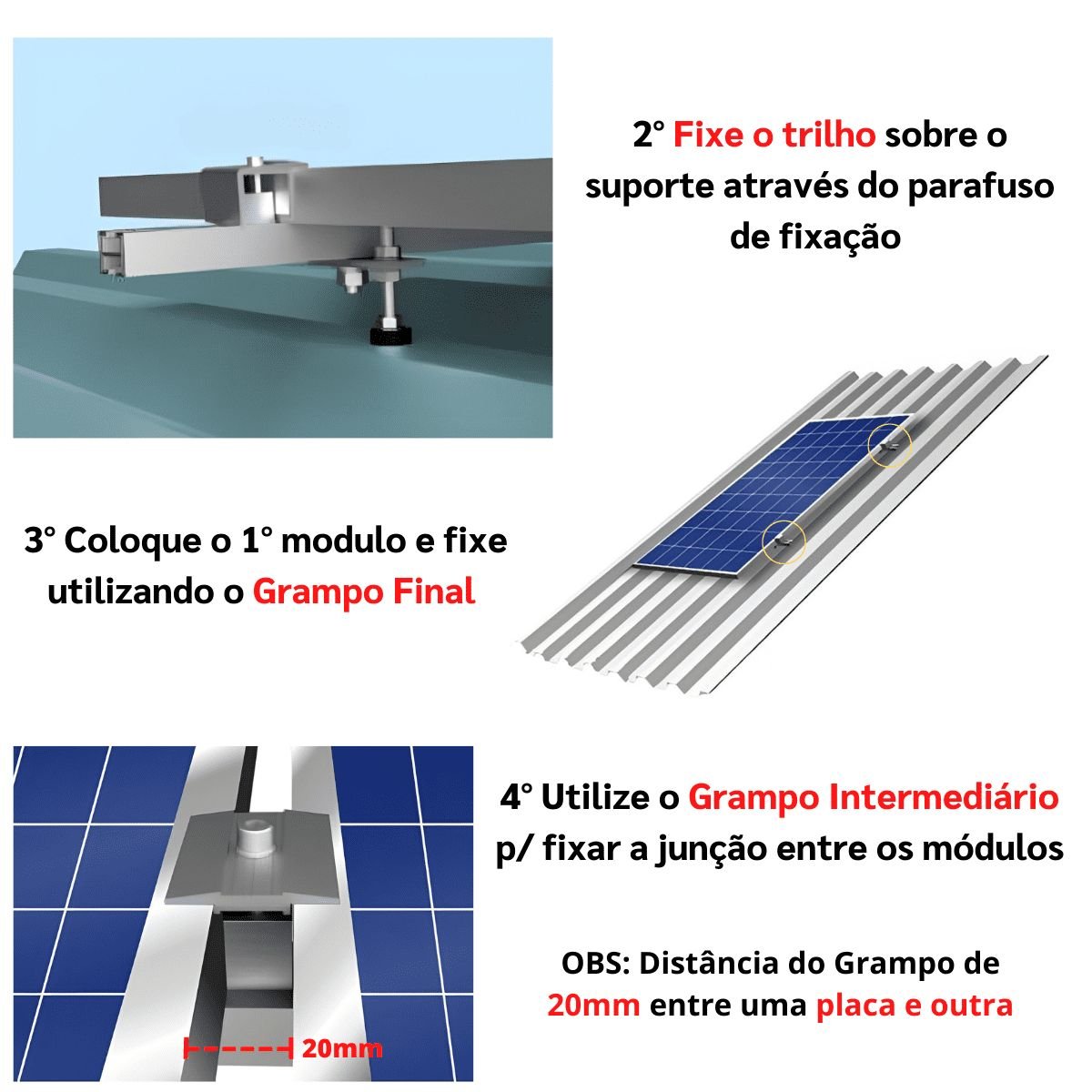 Kit Estrutura Suporte Fixador para 03 Placas Solar Alumínio e Inox Telha Fibro Ondulada em Viga Metá - 8