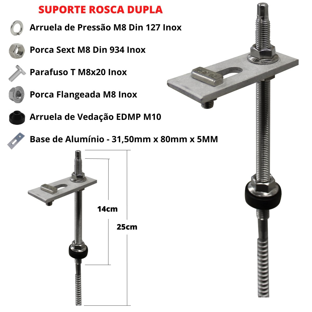 Kit Estrutura Suporte Fixador para 03 Placas Solar Alumínio e Inox Telha Fibro Ondulada em Viga Metá - 3