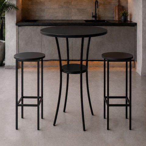 Conjunto Mesa Alta Bistrô Porto com 2 Banquetas Alta Kassel Cor Preto - Kmj