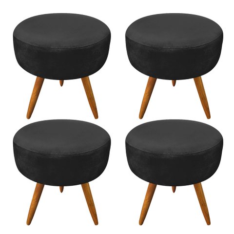 Kit 4 Puffs Banqueta Redonda Nina Veludo Preto Pés Palito Castanho - Pallazio