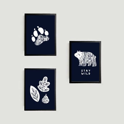 Kit 3 Quadros Urso Escandinavo Stay Wild 24x18cm - com vidro:Madeira preta