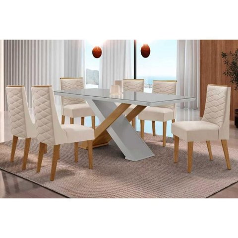 Conjunto: Mesa Sala Jantar Imperatriz Tampo c/ Vidro Curvo 180cm+6 Cadeiras Dafne Madeira Naturale/